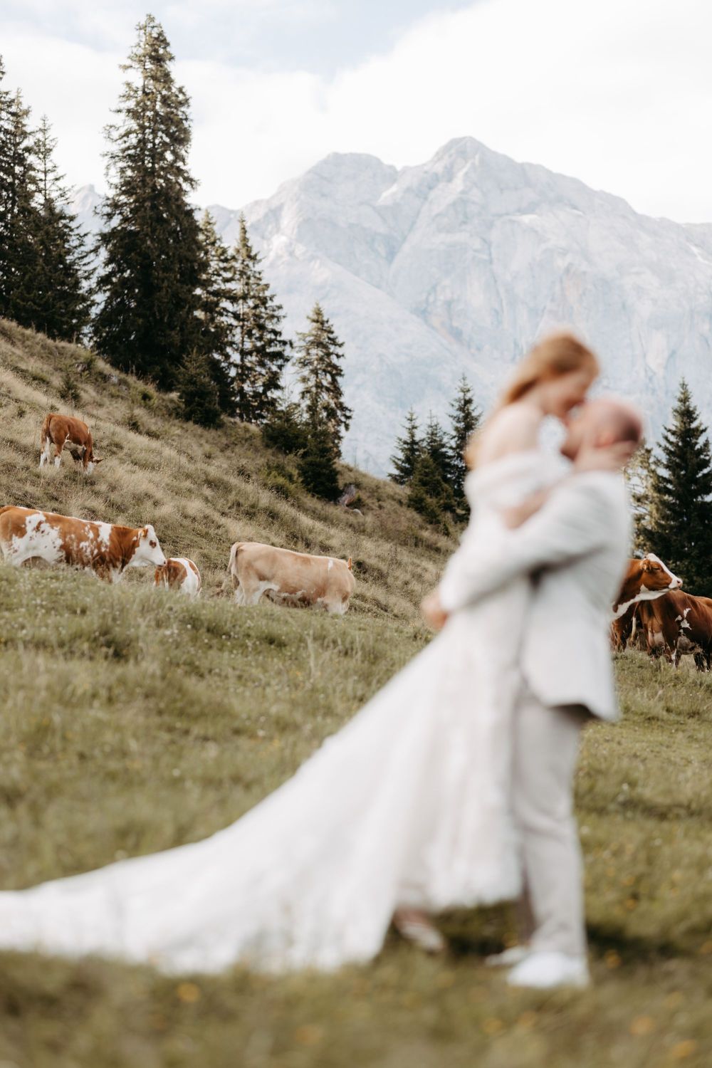 Ein Paar in Hochzeitskleidung umarmt sich vor Almhintergrund mit Kühen und Bergen, symbolisiert Harmonie und Neuanfang – Berghochzeit auf der Tiergartenalm, Mühlbach